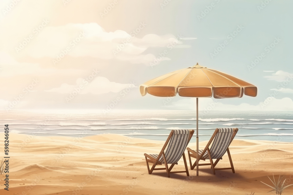 Savor the breathtaking views of the sea and sand from the comfort of these two chairs and an umbrella is AI Generative. Generative AI