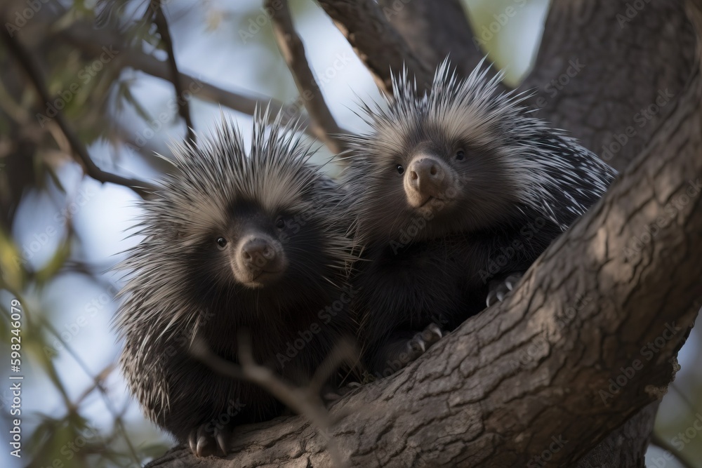 A pair of porcupines in a tre A pair of porcupines in a tre