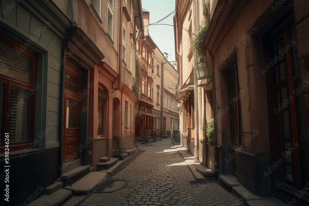 Old town narrow street with technology. Generative AI