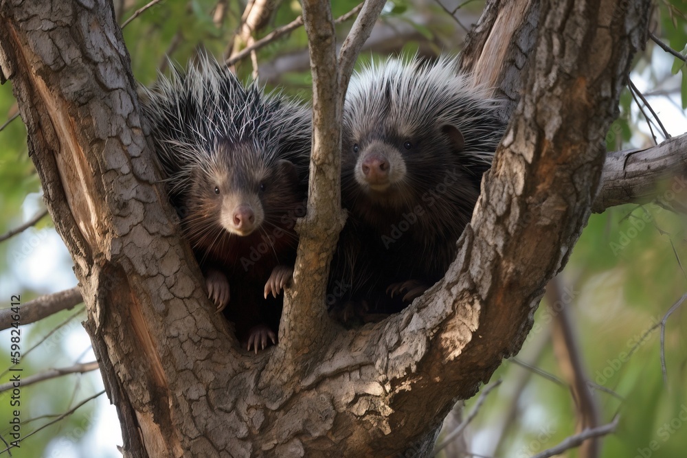 A pair of porcupines in a tre A pair of porcupines in a tre
