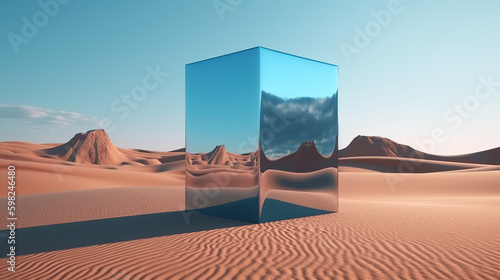 Surreal desert landscape with mirror Rectangle, and blue sky. minimal abstract background - Generative Ai 