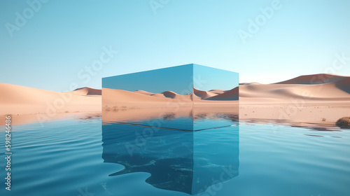 Surreal desert landscape with mirror Rectangle, and blue sky. minimal abstract background - Generative Ai  © Faraz