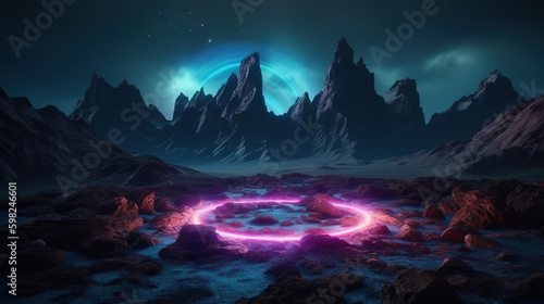 3d render, abstract neon background with mountains, pink light, and extraterrestrial landscape under the night sky. Rocks and water reflection. - Ai Generative