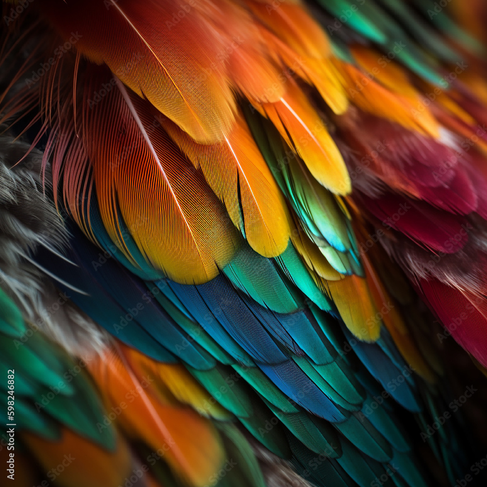 background wallpaper of colorful bird feathers .Generative AI background wallpaper of colorful bird feathers .Generative AI