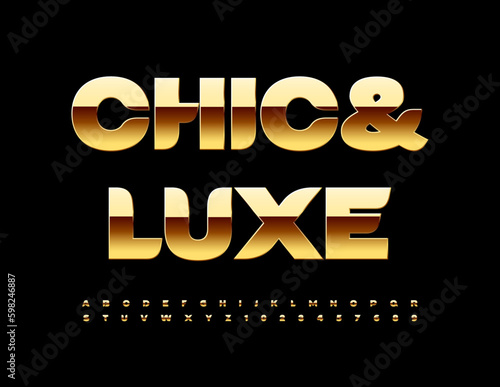 Vector Chic and Luxe Alphabet. Gold glossy Font. Premium set of Letters and Numbers