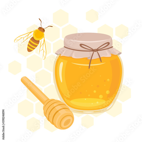 Honey in glass jar with honey dipper and bee. Vector cartoon flat illustration. 