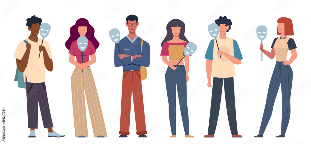 Men and women hiding their faces behind social masks with fake positive, joyful emotions and feelings. Psychology and mental health. False identity cartoon flat style isolated vector set - obrazy, fototapety, plakaty 