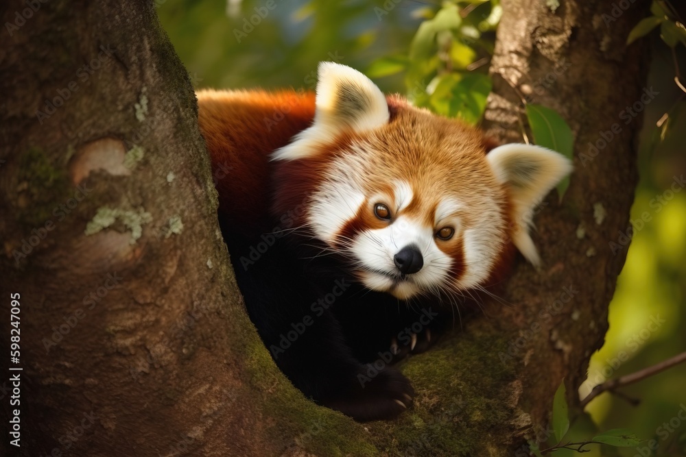 A red panda curled up in a tre A red panda curled up in a tre