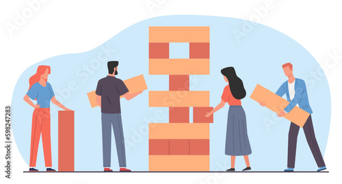Men and women play wooden game of Jenga. Friends building huge wooden tower. Boys and girls together leasure time. Competition games cartoon flat style isolated vector teamwork concept