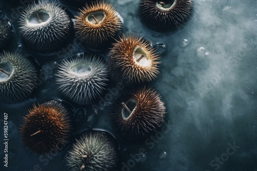 Sea urchins on ice over concrete, aerial view with space. Generative AI