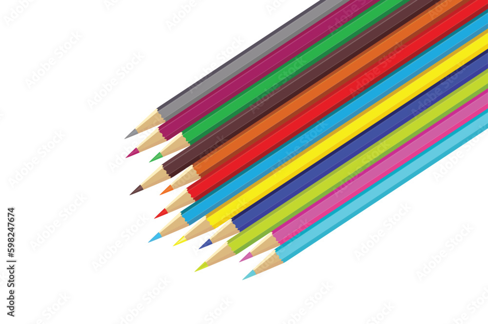 wooden color pencils arranged in bulk on a white isolated background, Drawing colors, multicolors