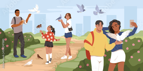 People feed pigeons. Walkers in park feed birds, happy guys and girls give grains and crumbs to doves and sparrows, men women and kids walking, cartoon flat style isolated tidy vector concept