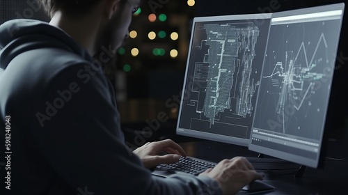 Wallpaper Mural Software development concept. Coding programmer, software engineer working on laptop with javascript computer code on virtual screen, internet of things IoT, digital technology, Generative AI Torontodigital.ca
