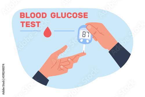 Person with diabetes does blood sugar test with glucose meter. Hypoglycemia or hyperglycemia, healthcare technology, monitoring equipment for diabetic. Cartoon flat style vector concept