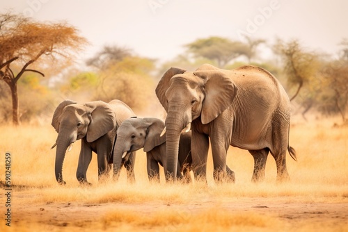 Family of elephants in the savanna