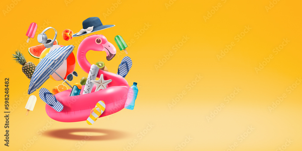 Happy inflatable flamingo and beach accessories - obrazy, fototapety, plakaty 