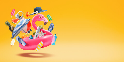 Happy inflatable flamingo and beach accessories