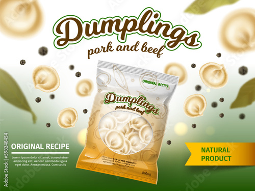 Realistic dumplings poster. Product packaging made of dough with meat filling, flying food with black pepper peas, advertising template, siberian cooking, 3d elements, utter vector concept