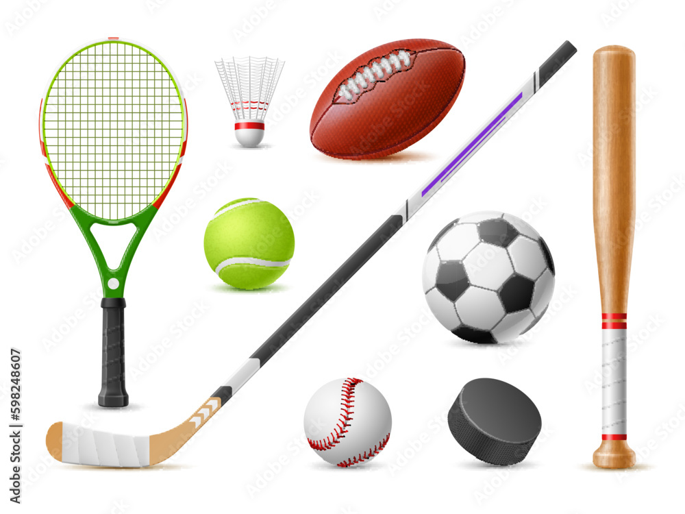 Realistic sport balls clubs. 3d isolated sport games accessories, detailed  tennis racket, baseball bat, badminton shuttlecock, hockey stick and puck,  football and rugby ball utter vector set Stock Vector