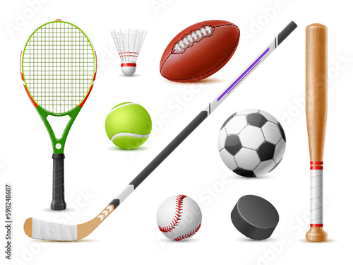 Realistic sport balls clubs. 3d isolated sport games accessories, detailed tennis racket, baseball bat, badminton shuttlecock, hockey stick and puck, football and rugby ball utter vector set