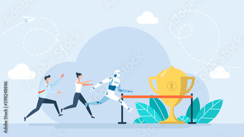 Business people group and robot competing run to finish line. Robot and human running competition together. AI win race finish first. Artificial intelligence and new technology. Vector illustration