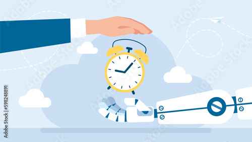 Time management. A man and a robot hold a watch. Deadline time management. Concept of deadline, period, intervals. Overworked businessman and robot. Stopwatch hurry at work. Vector illustration