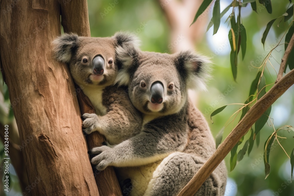 Mother and baby koalas in a tre - obrazy, fototapety, plakaty 