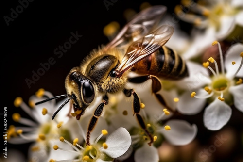 Close-up view of a honeybee collecting nectar from a colorful flower in a garden. Ai generated.