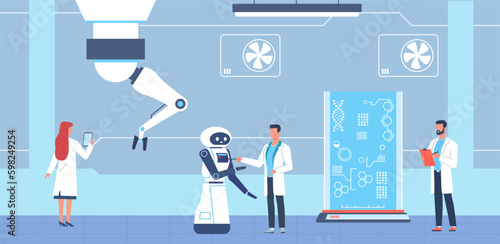 Research center for artificial intelligence and robots. Future technology. Tech progress, people and ai. Innovation and development of science. Cartoon flat style isolated vector concept