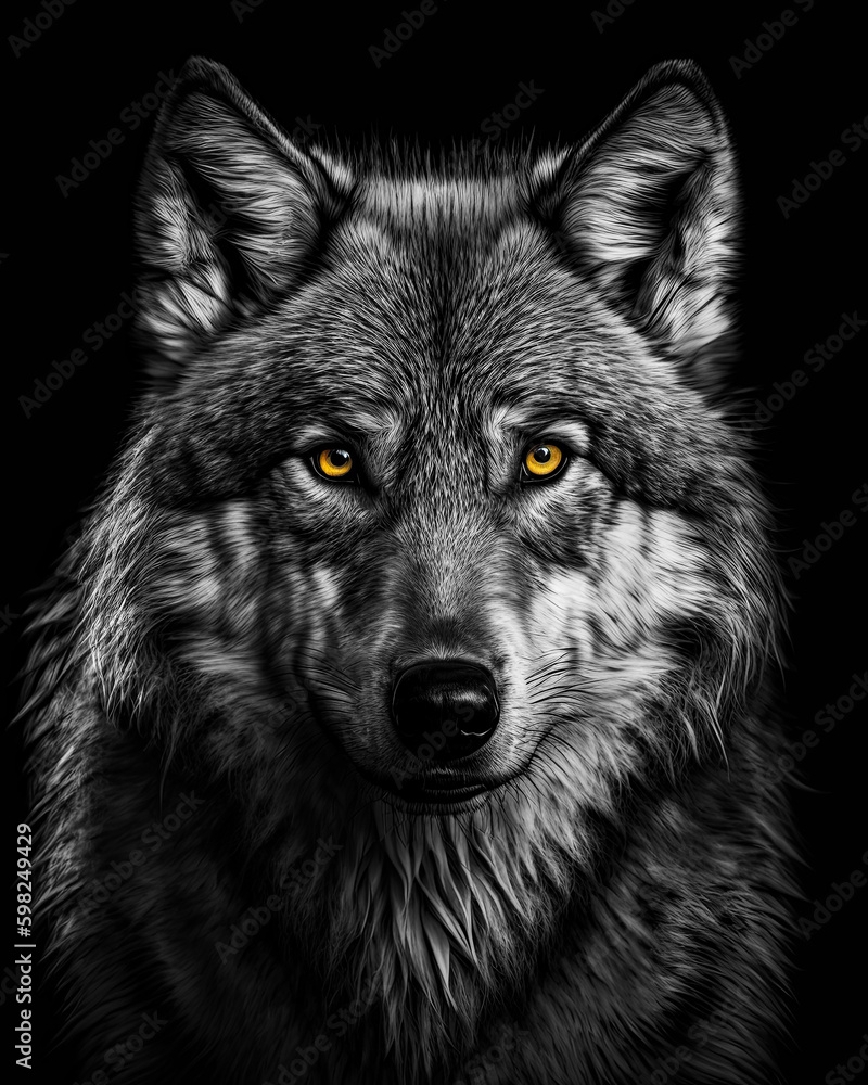 Fototapeta premium Generated photorealistic close-up portrait of a wild wolf in black and white