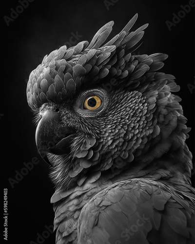 Generated photorealistic image of a parrot with yellow eyes