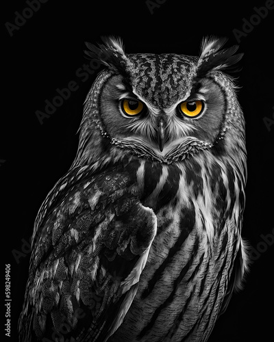 Generated photorealistic image of a forest owl with orange eyes in black and white format