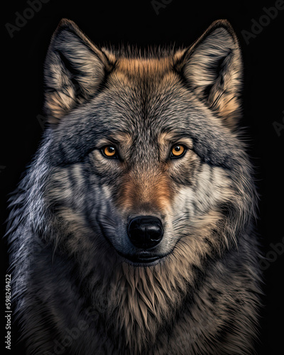 Generated photorealistic close-up portrait of a wild wolf 
