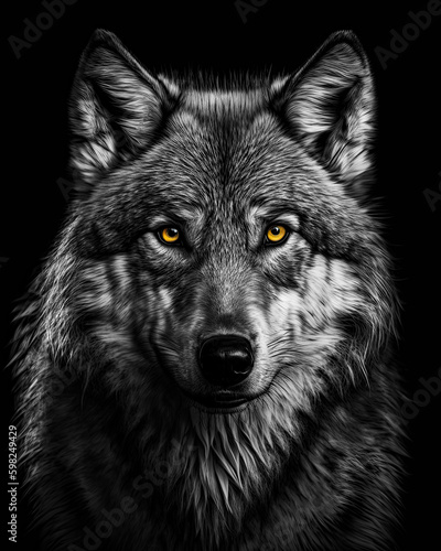 Generated photorealistic close-up portrait of a wild wolf in black and white