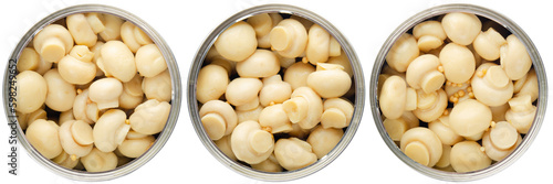 Flat lay view at opened tin cans with button mushrooms isolated on transparent background