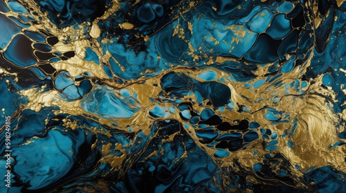 Blue and gold marble texture background, marble tiles - Generative AI
