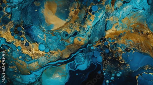 Blue and gold marble texture background, marble tiles - Generative AI