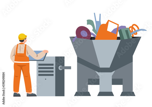 Recycling facility, worker loading machine vector