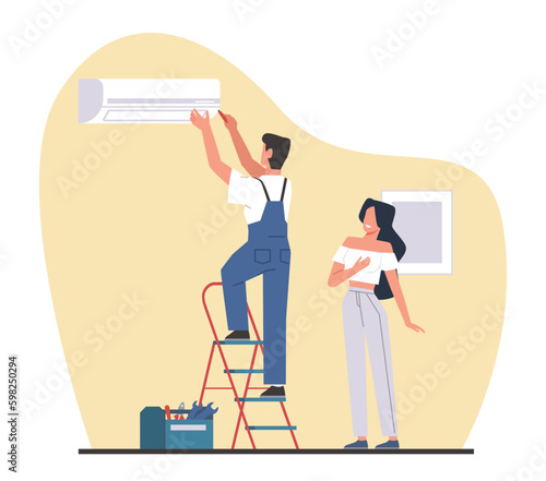 Service for installation and maintenance of air conditioners, woman customer satisfied with quality of work. Professional repairman on ladder, cartoon flat style isolated vector concept