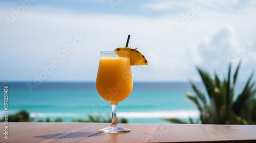 Pain Killer cocktail on background with blue sea and sky tropical background. Generative AI