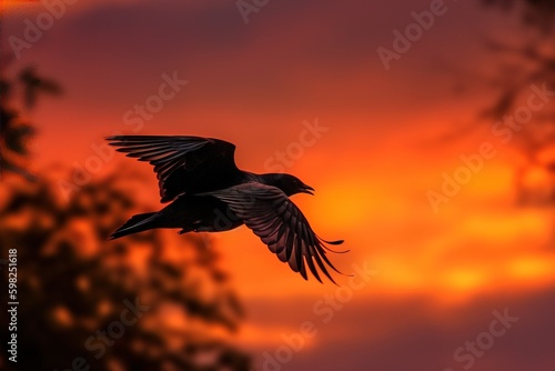 A bird in flight against a fiery sunse