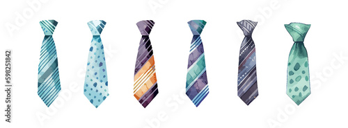Necktie watercolor isolated on white background. Set of fashion tie accessory for men. Father or male necktie elements vector illustration