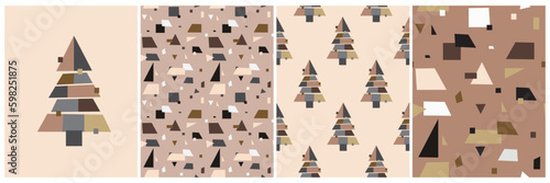 Simple Modern Winter Holidays Vector Print with Christmas Trees made od Triangles and Squares. Cubism Style Christmas Card. Seamless Vector Pattern with Xmas Trees. Geometric Repeatable Background.