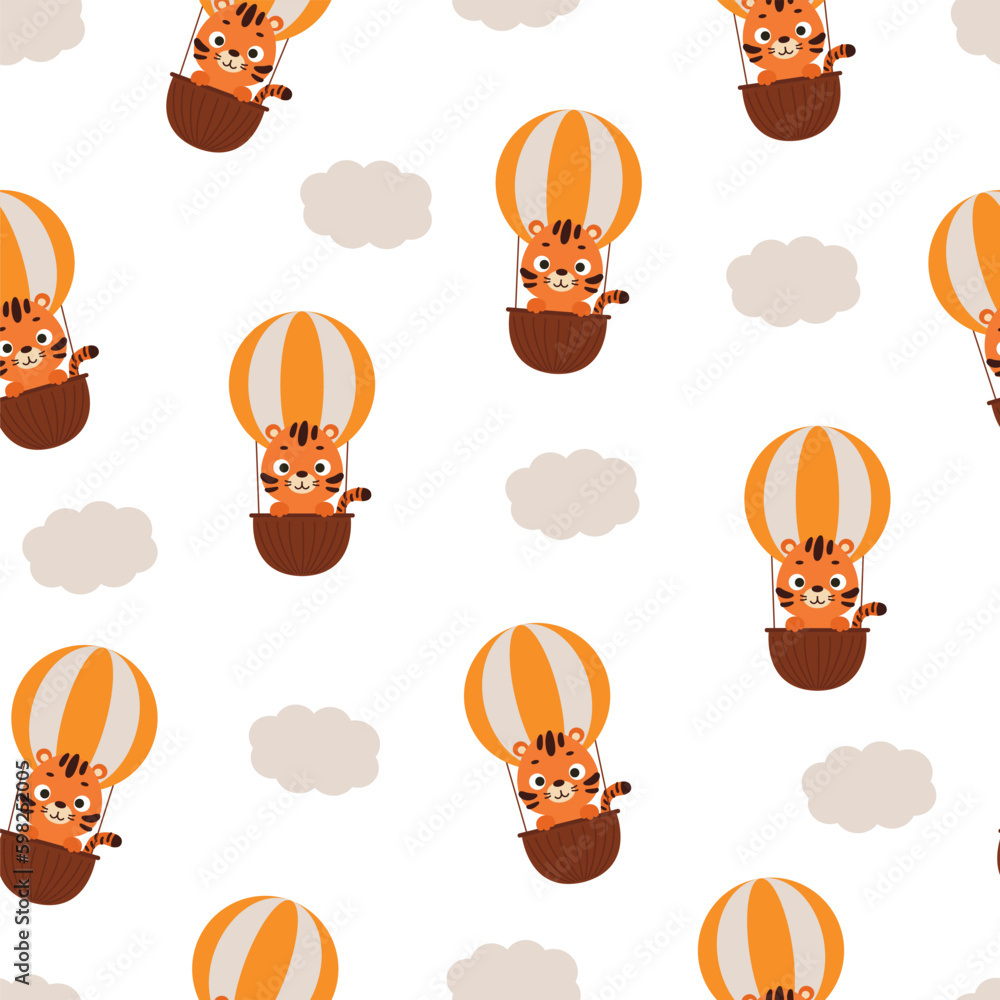 Cute little tiger flying on hot air balloon seamless childish pattern. Funny cartoon animal character for fabric, wrapping, textile, wallpaper, apparel. Vector illustration