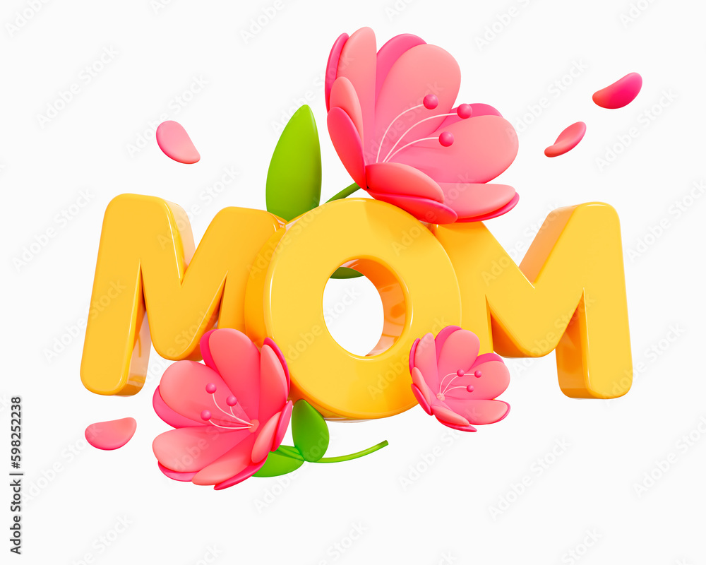 3D Happy Mother's Day poster with Mom text and pink tulip flowers. Beautiful blooming bouquet with petals. 8 March Women's day. Cartoon creative design icon isolated on white background. 3D Rendering