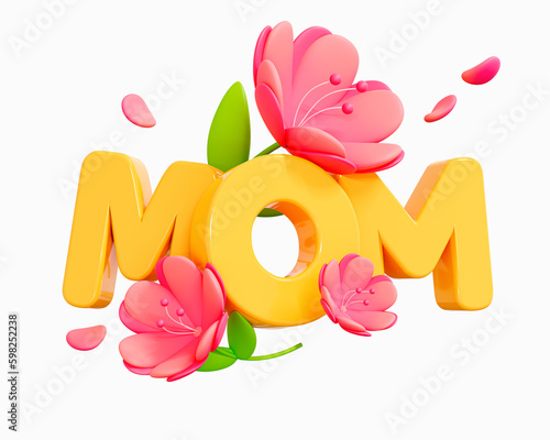 3D Happy Mother's Day poster with Mom text and pink tulip flowers. Beautiful blooming bouquet with petals. 8 March Women's day. Cartoon creative design icon isolated on white background. 3D Rendering © accogliente