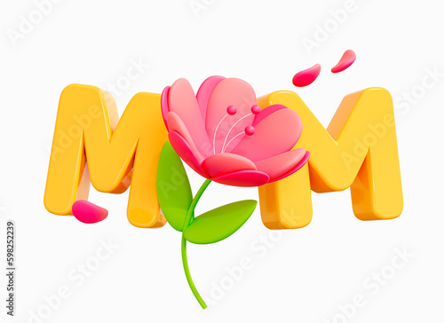 3D Happy Mother's Day poster with Mom text and pink tulip flower. Beautiful blooming daisy. 8 March Women's day. Spring banner. Cartoon creative design icon isolated on white background. 3D Rendering