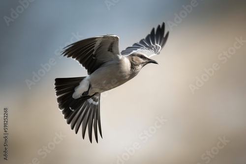 A bird in flight, with its wings in a V-shap © Dan