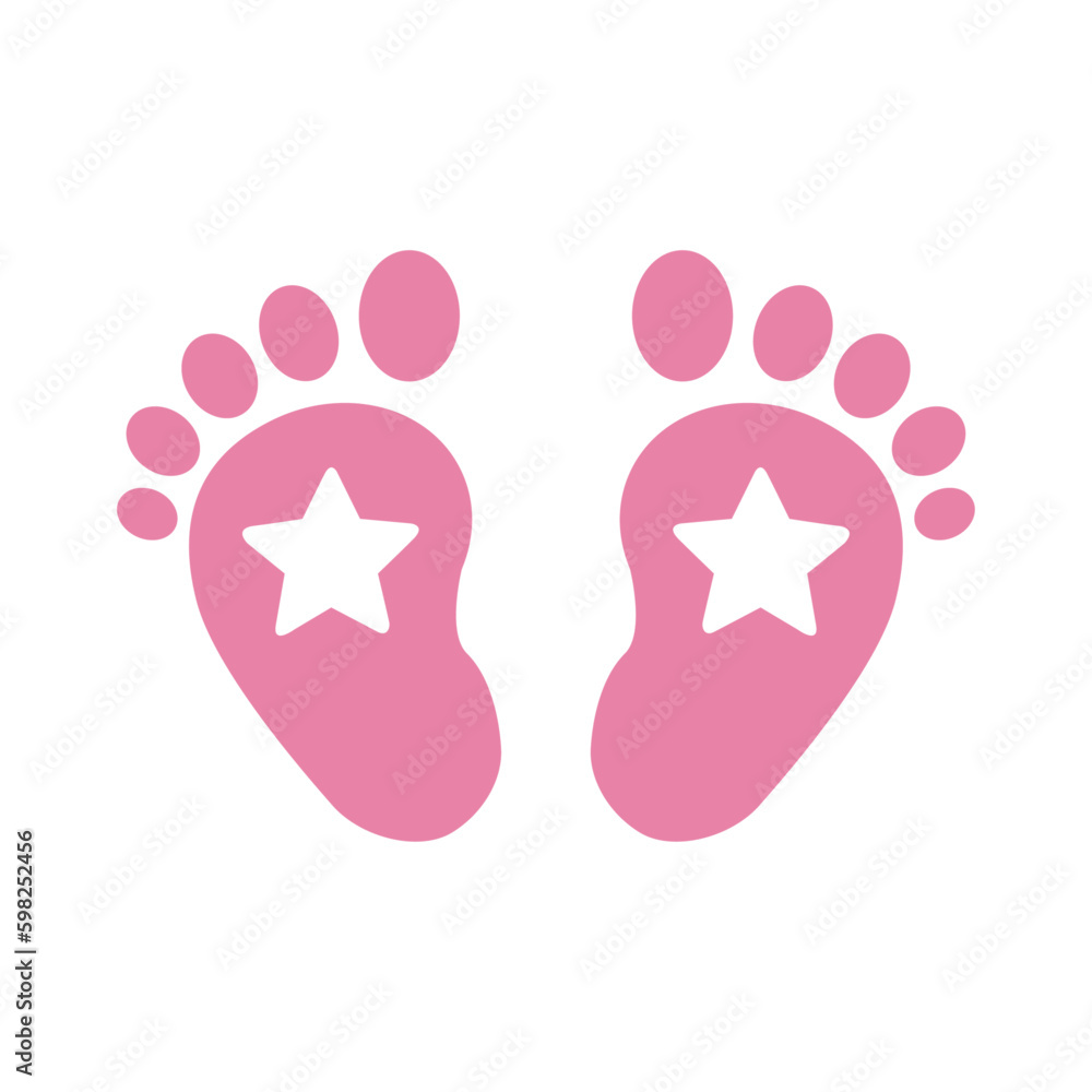 Logo baby shower. Silueta de huella de pies descalzos color rosa con estrella para su uso en invitaciones y tarjetas