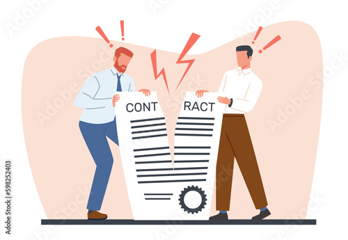 Two businessmen tear contract, business agreement in half. ending cooperation and relationships. conflict or misunderstanding. Angry men break document. Cartoon flat isolated vector concept